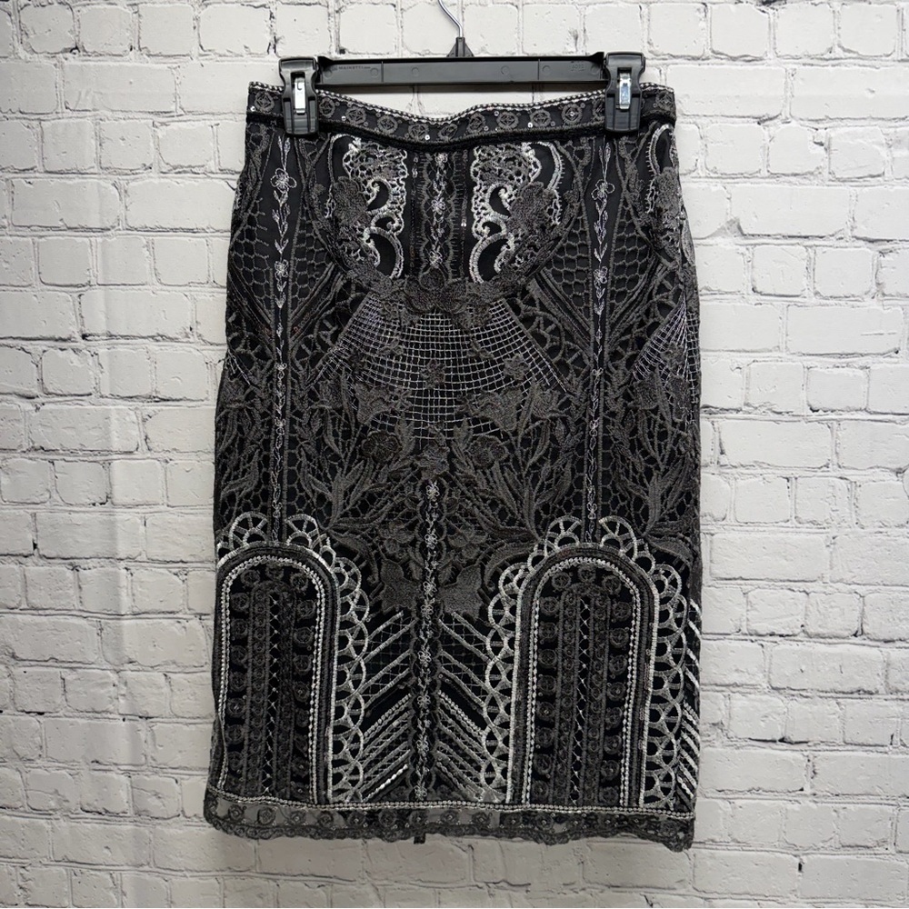 Marchesa Notte Lace and Sequin Black Pencil Skirt size 6